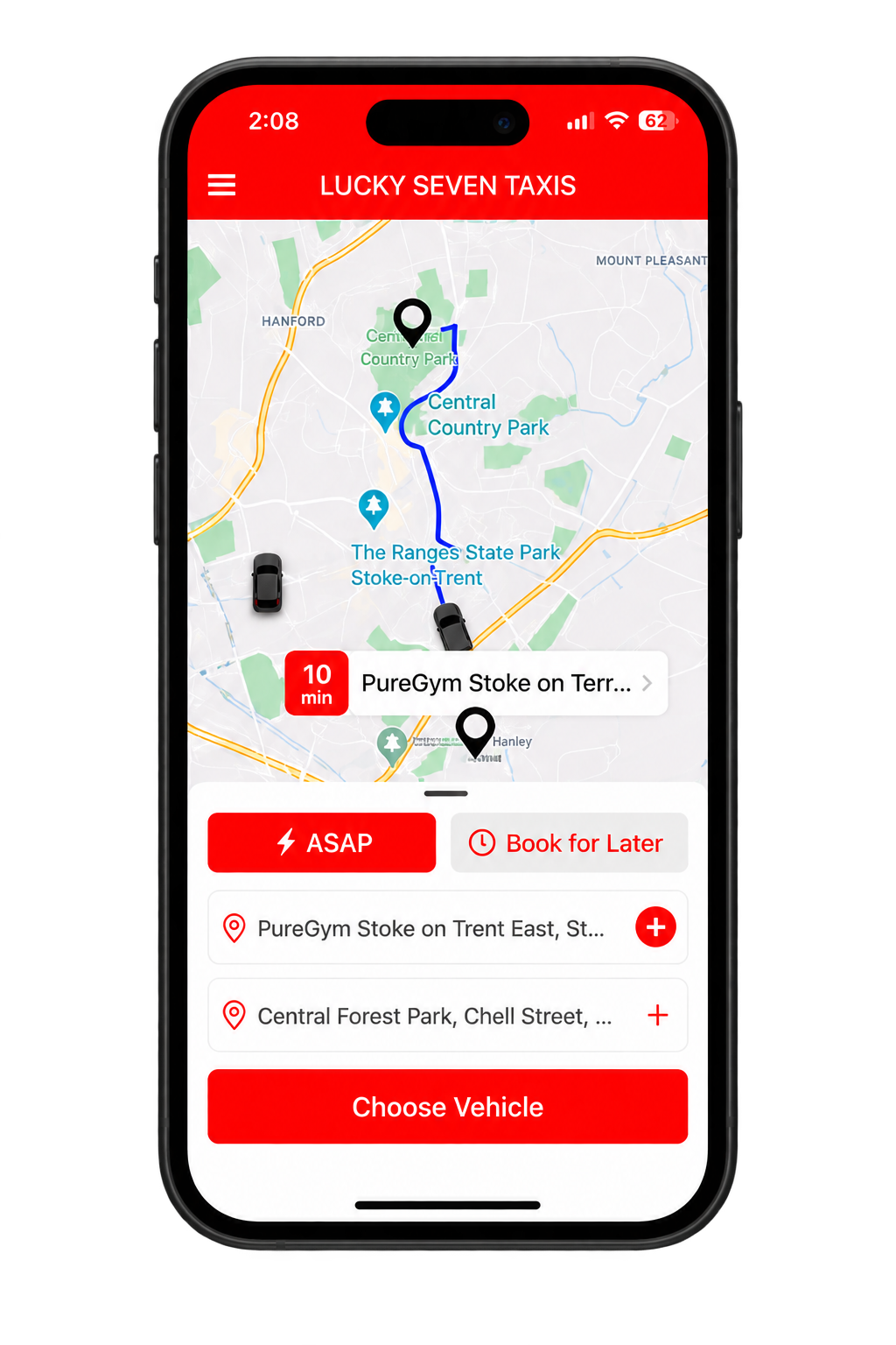 Lucky Seven Taxis booking app displayed on a black smartphone